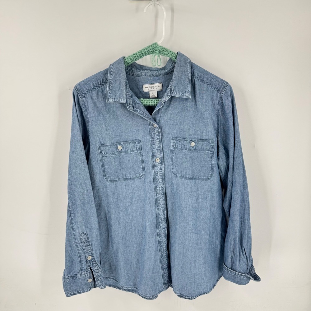 Liz Claiborne Simply Liz Button Down Denim Blue L Organic Cotton Chambray Top - Picture 7 of 7